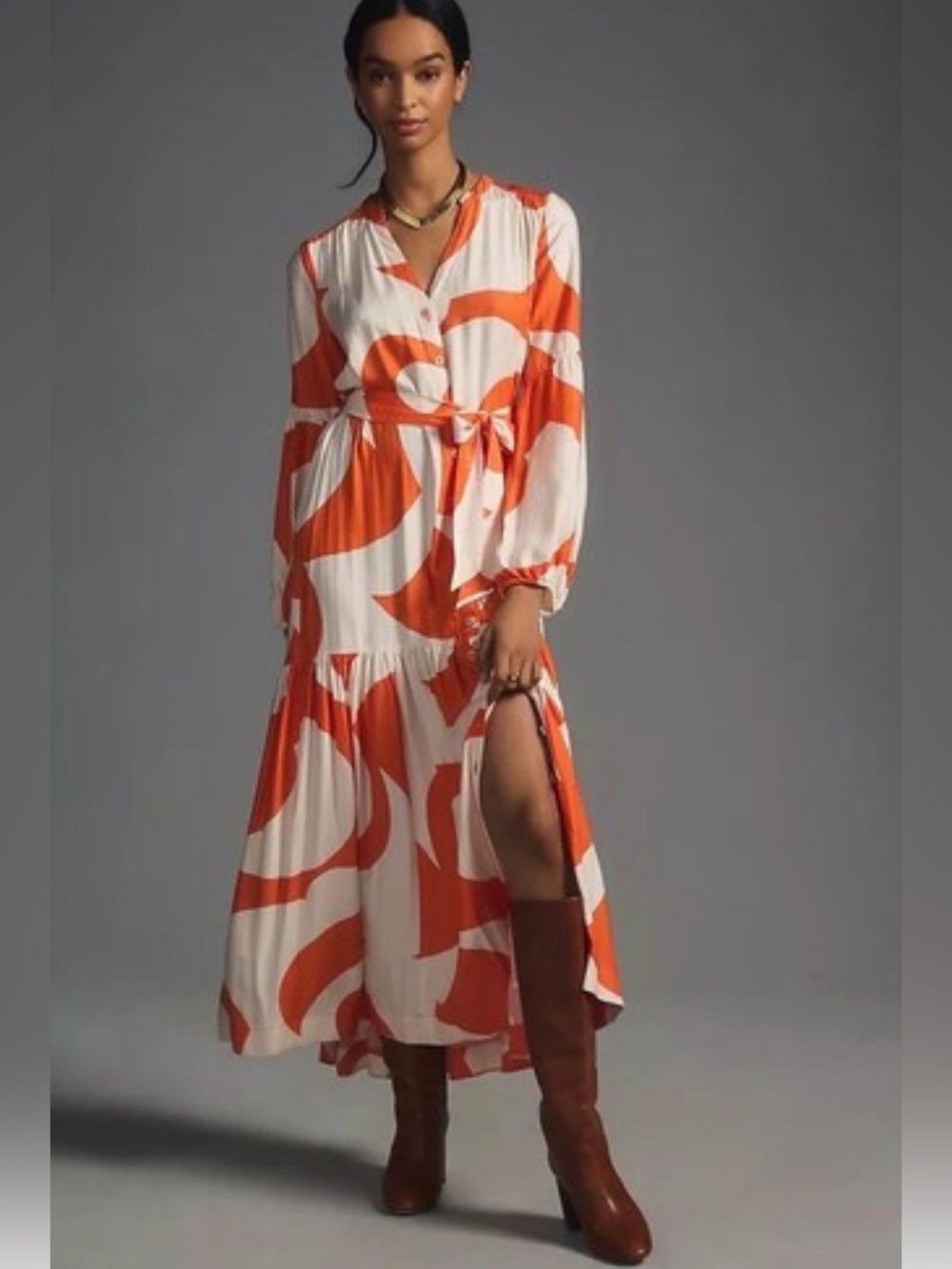 Anthropologie Orange & White Abstract Button-Front Maxi Dress